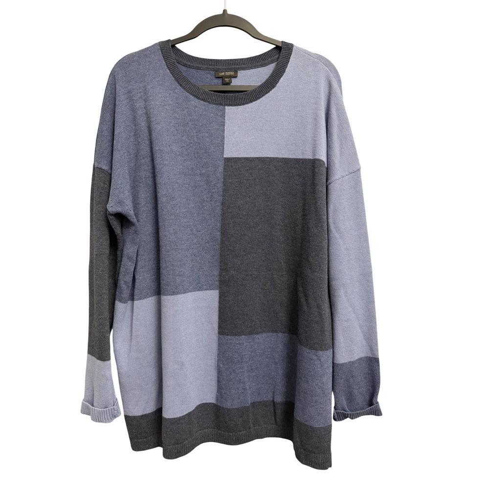 J. Jill Wearever Colorblock Sweater Blue Grey Cotton Blend Size L Tall Festive